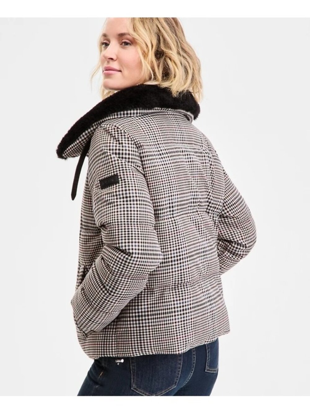 NWT DKNY Faux Fur Collar Zip Front Puffer Coat Heritage Plaid Womens Size Large - Picture 4 of 11